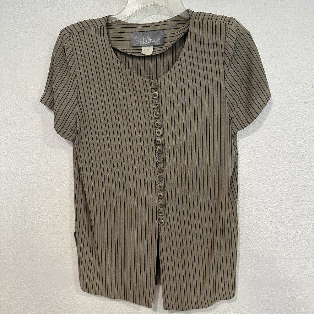 Vintage Stella USA Tunic Buttoned Top Sage Green Black Short Sleeve Womens Small